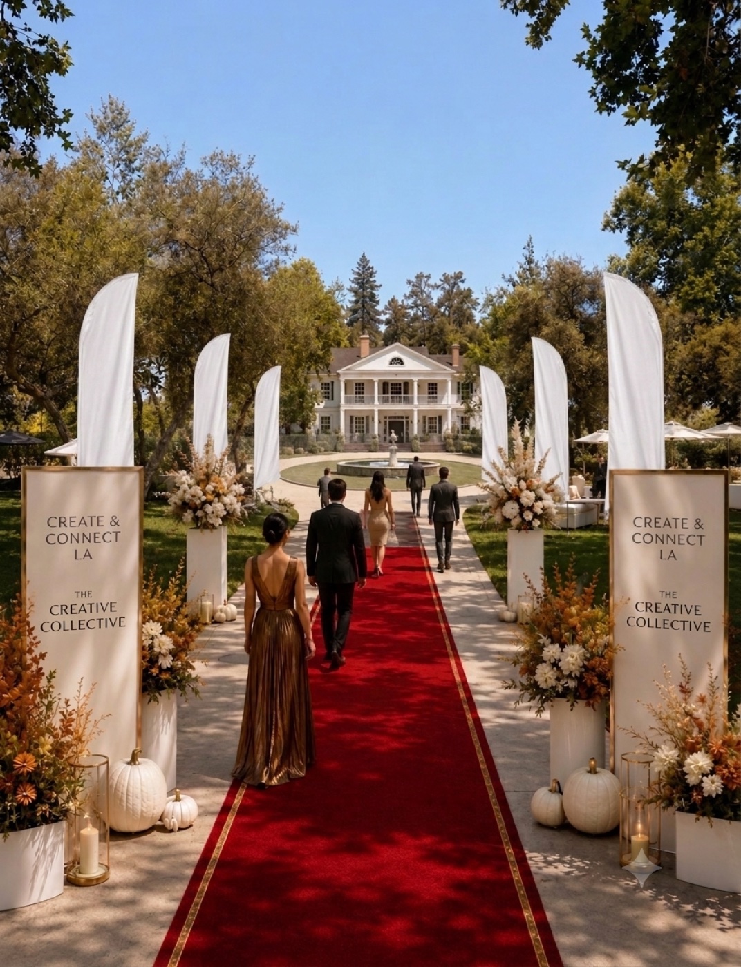 The Creative Collective red carpet at Thatcher Manor — guests walking the carpet between Create & Connect LA banners